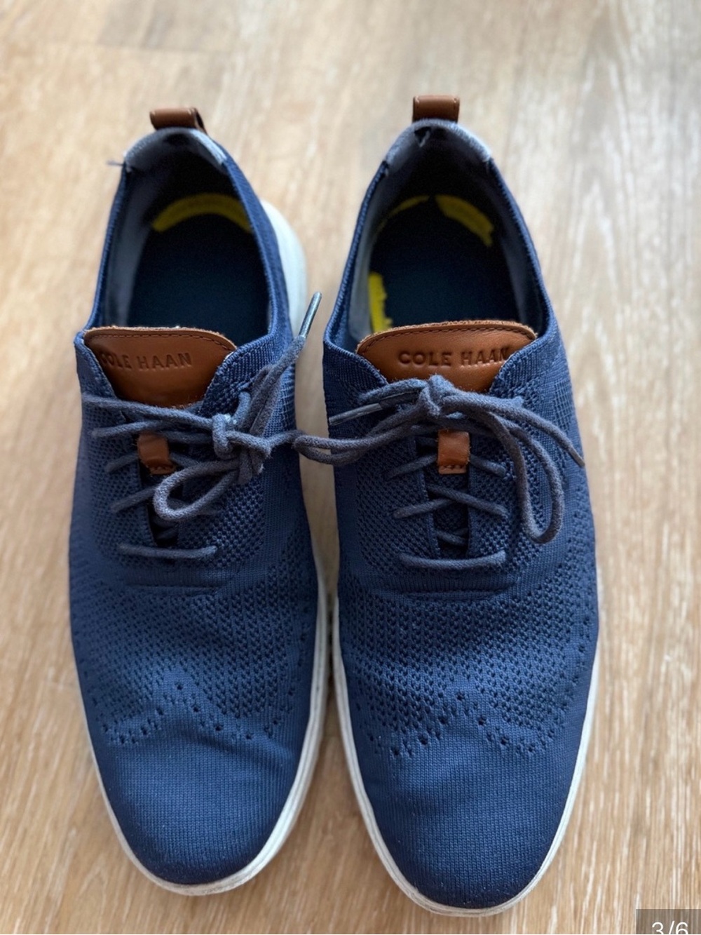 Cole Haan Navy Knit Lace-Up Sneakers with Brown Leather Tabs